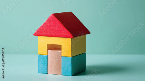 Colorful toy house built from wooden blocks on mint green background. Red roof, yellow walls, blue base. Offers creative play, learning, toddler fun, preschool education 