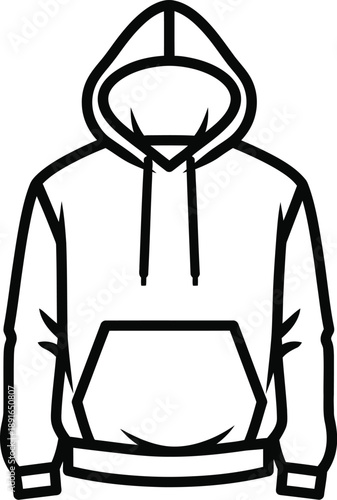 Minimalist black outline drawing of a casual pullover hoodie with a front kangaroo pocket