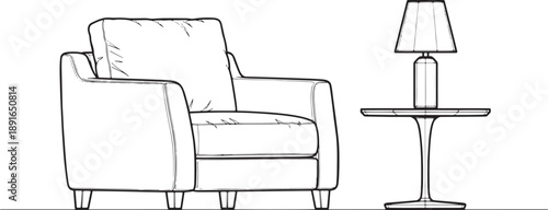 An elegant sketch of a comfortable armchair and a stylish side table with a lamp, ideal for modern interiors and design concepts.