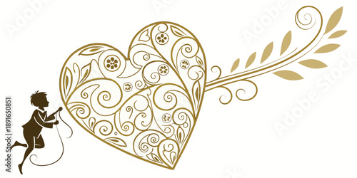 A whimsical illustration of a boy pulling an ornate heart, vector