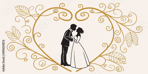A romantic silhouette of a bride and groom kissing within a heart-shaped floral frame, vector, vector