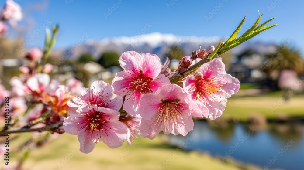 Fototapeta premium Vibrant pink blossoms bloom on a branch with a snow-capped mountain range visible in the distant background
