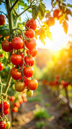 Ripe tomatoes on the vine bathed in warm golden hour sunlight