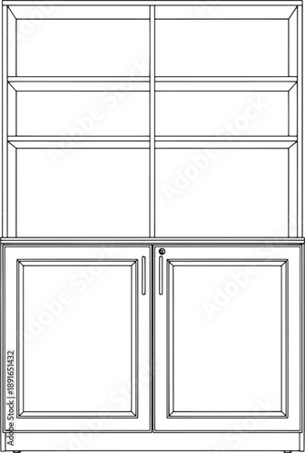 A detailed, clean line drawing of a classic, elegant bookcase with multiple shelves, providing a blueprint of storage and display capabilities. 