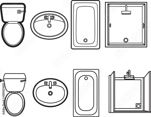 Clean bathroom fixtures. Presenting a set of minimalist line drawings of essential bathroom elements, offering a fresh, contemporary feel.