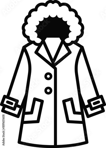 A stylish outline icon of a winter coat with a fluffy hood and front buttons