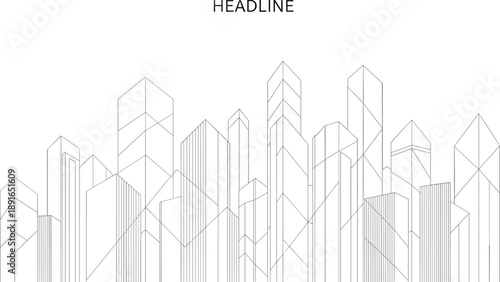 Stylized outline of a modern city skyline featuring geometric skyscrapers with clean lines and a minimalist aesthetic on a white background