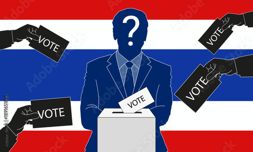 Conceptual art of Thai elections showing a mysterious candidate and citizens voting, symbolizing political uncertainty and future.