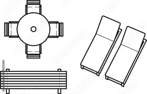 An elegant line drawing of outdoor furniture, including a table and several chaise lounges, showcases a modern design, perfect for relaxation and leisure.