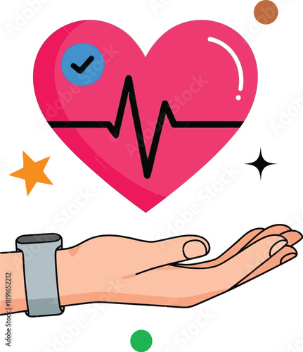 Monitoring heart health with a smartwatch showing a stable heartbeat and a checkmark