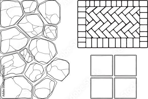 A detailed, graphic outline presents various masonry and paving stone patterns, showcasing textured surfaces, precise shapes, and design options. 