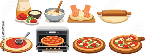 set of stages of pizza preparation starting from ingredients to finished pizza with various toppings at home in vector style