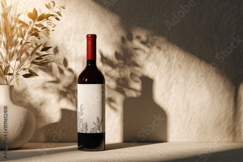 A simple wine bottle is placed beside a decorative vase on a wooden shelf. The scene reflects modern minimalist home decor style.