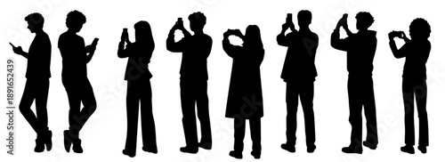 Set of images of standing business people with smartphones, silhouettes of men and women, vector graphics, front and back view, profile, black color, isolated on white background