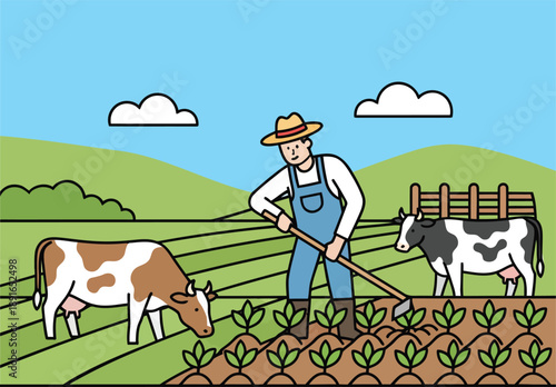 Farmer working in a field with cows and crops under a blue sky cattle