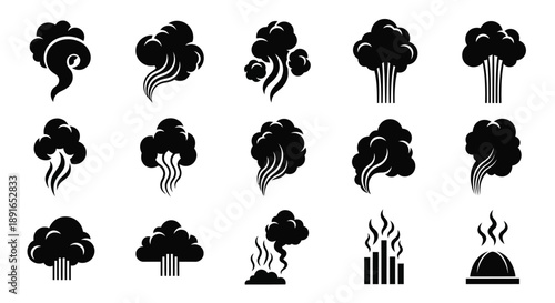 Collection of black smoke plume icons in varying shapes and sizes
