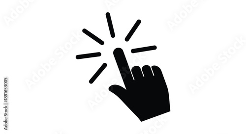 A black silhouette of a hand pointing with radiating lines