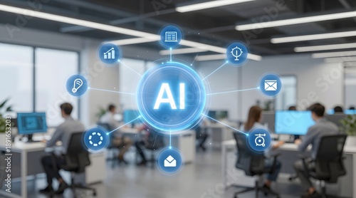 Artificial intelligence concept shown in open office environment with workers in background