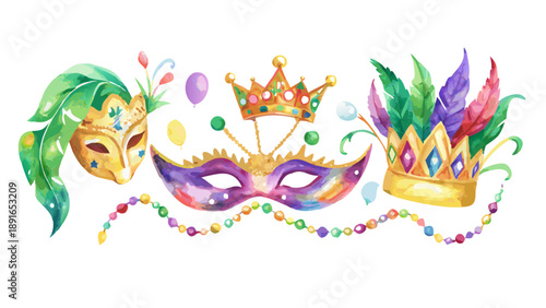 Festive mardi gras elements with crown, mask, beads, and feathers watercolor illustration. concept of celebration, carnival, and colorful festive decor .vector icon
