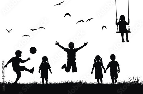 Children playing outside on grass with birds flying children, kids, playing, outdoors, grass, birds, flying, silhouette, black, white, background, swing, ball, soccer, jumping, running, holding hands,