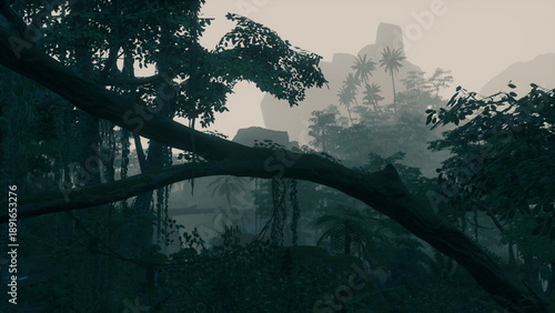 Bild auf Leinwand Morning light barely breaks through the dense canopy of the jungle