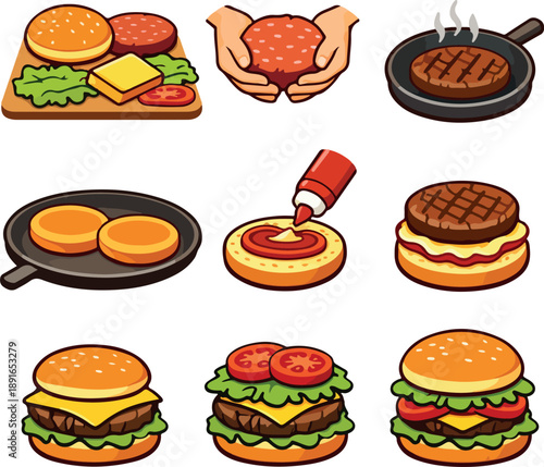 set of icons of stages of cooking burgers or hamburgers at home in vector style with vegetables and meat, for stickers, social networks, menus or other types of design