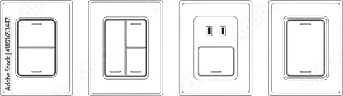 A close-up shot, isolated on the white, presenting a range of modern light switches and power sockets.