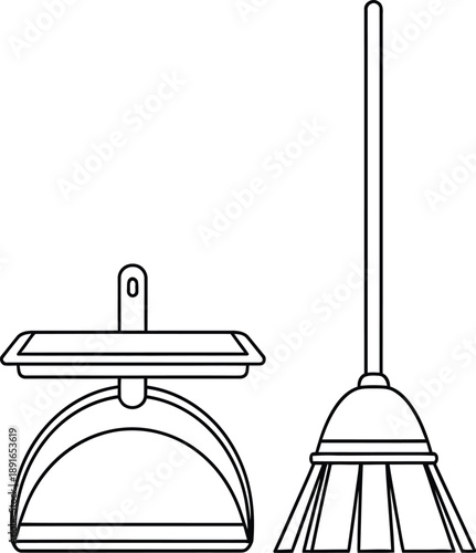 A simple line art illustration of a broom and dustpan set for cleaning