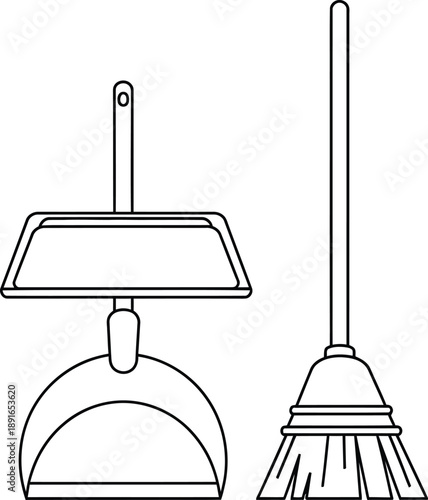 Classic broom and dustpan set for efficient floor cleaning in a simple line art style