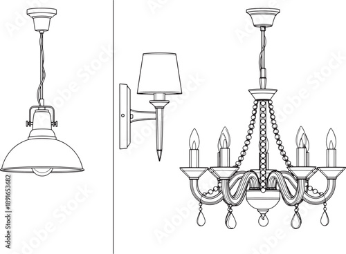 Classic lighting fixture designs, featuring elegant chandeliers, pendant lights, and wall sconces in a monochrome arrangement, suitable for architectural plans or interior design illustrations.