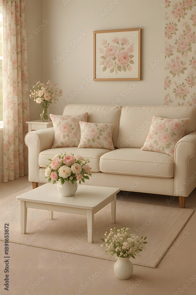 Naklejka premium Elegant living room with a white sofa adorned with floral pillows and bouquets of pink and white roses creating a romantic and classic home interior