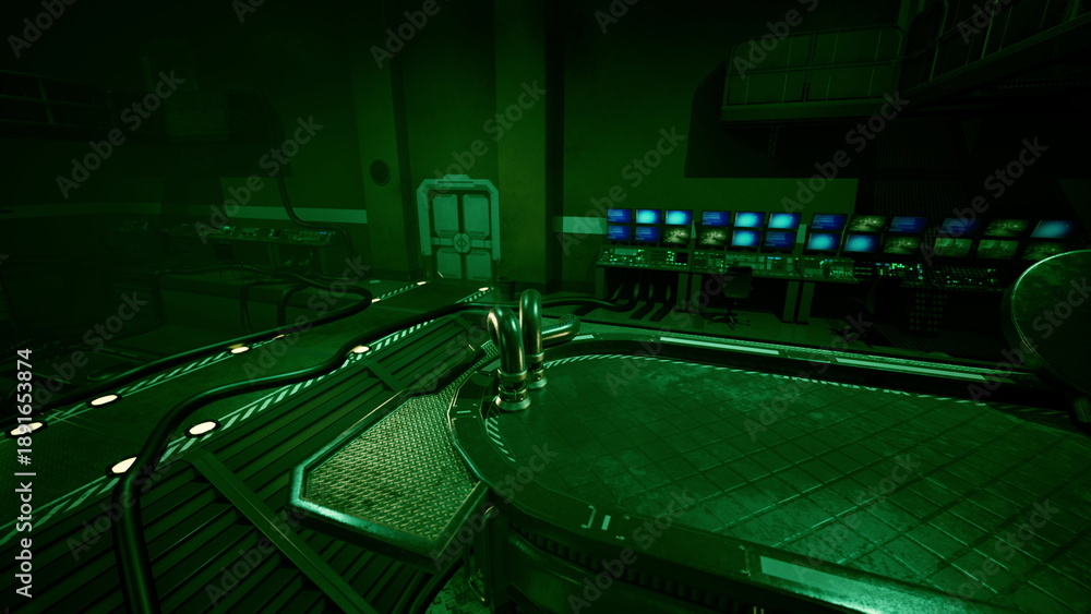 Fototapeta premium Inside a dimly lit control room, green light fills the space, revealing an array of glowing screens and intricate technology. Cables weave through the floor, adding to the atmosphere.