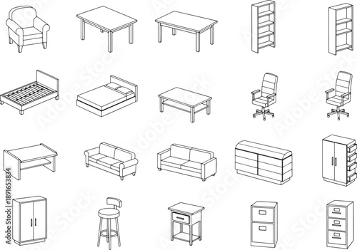 Variety of furniture, from tables to sofas, offering a glimpse into the art of interior design. This image is a compilation of diverse furniture.