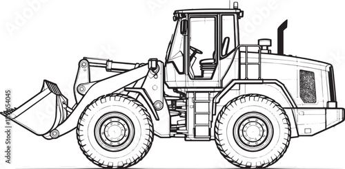 A detailed outline drawing of a robust construction vehicle, depicting the powerful machine's essential features.