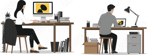 Modern Office Workspace Illustration with Man and Woman Working at Desks Using Computers, Minimal Interior Design, Remote Work and Productivity Concept
