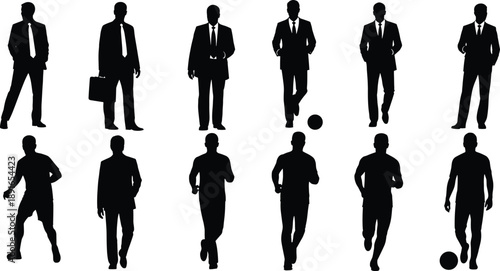 Black silhouettes of businessmen and soccer players on white background silhouettes, businessmen, soccer players, black, white background, suits, ties, briefcase, soccer ball, standing, walking, runni