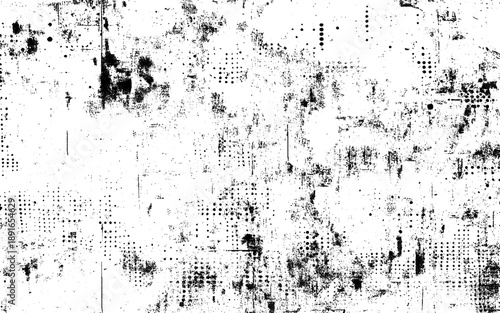 Vector grunge halftone dust texture overlay. Monochrome abstract splattered background.