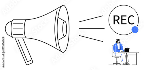 Audio communication. Megaphone illustration conveys audio announcements while highlighting remote work. Audio communication for podcasts, media broadcasting, marketing, and online content creation