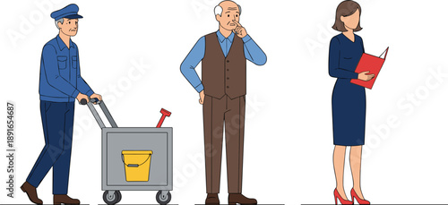 Professional Service Worker, Senior Man, and Businesswoman Characters Illustration Representing Workforce Diversity, Daily Occupations, and Different Social Roles in Modern Society