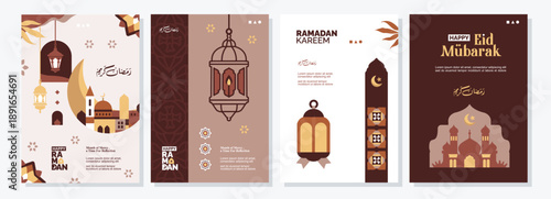 Ramadan Kareem pastel banner, poster, greeting card and cover design set with mosque, crescent moon, and latern images in flat geometric style.
