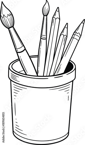 A delightful illustration of various art supplies including paintbrushes and pencils in a cup