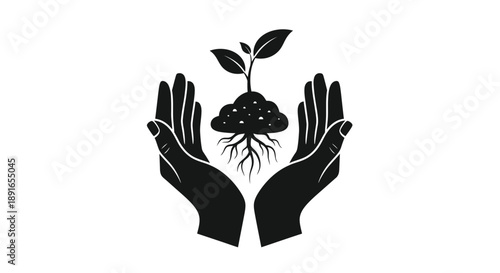 Hands cradling a plant sprout with exposed roots black and white