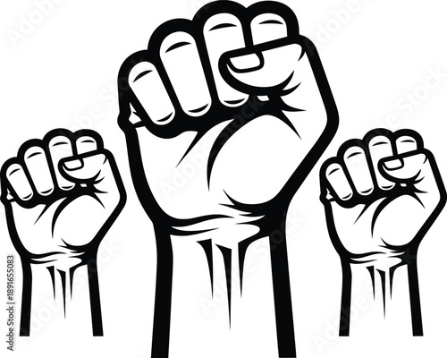Three raised fists symbolizing unity, power, and solidarity in collective action