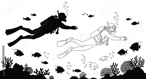Silhouette of a scuba diver exploring an underwater scene with fish