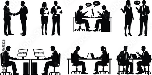 Business people and office workers black silhouettes set, corporate team shaking hands, working at desks, cad drawing flat vector illustration, isolated icons