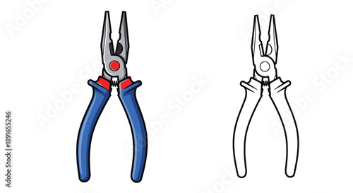 Two pliers a colored version and a black and white outline