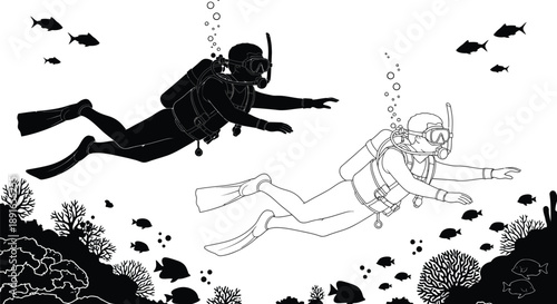 Two scuba divers explore the ocean depths amidst coral and marine life