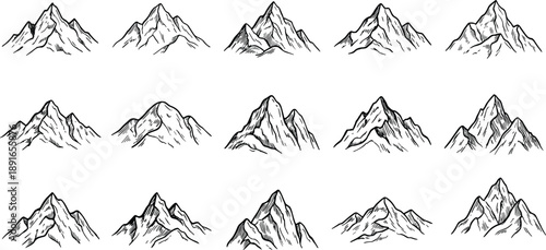 Hand-drawn black and white mountain sketches with varied peaks and textures for landscape design, geography education, and artistic illustration