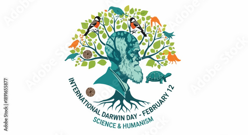 International darwin day illustration with tree of life animals and science theme on february 12 symbolizing humanism and biodiversity