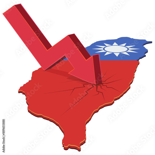 A red downward arrow crashing into a map of Taiwan with national flag colors. Symbolizes economic crisis, market crash, or financial recession in the country. (cut out)